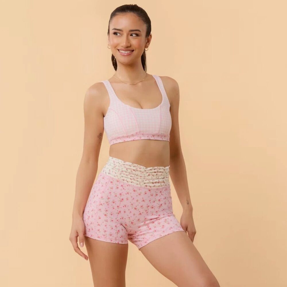NWT Blogilates Ruched Waist Bike Shorts Pink Floral - Picture 5 of 8